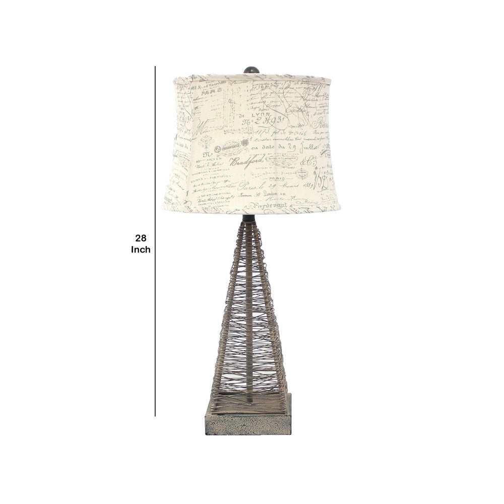 Benjara Metal Pyramid Base Table Lamp Set of 2 with Wire Design And Scripted Shade, Gray