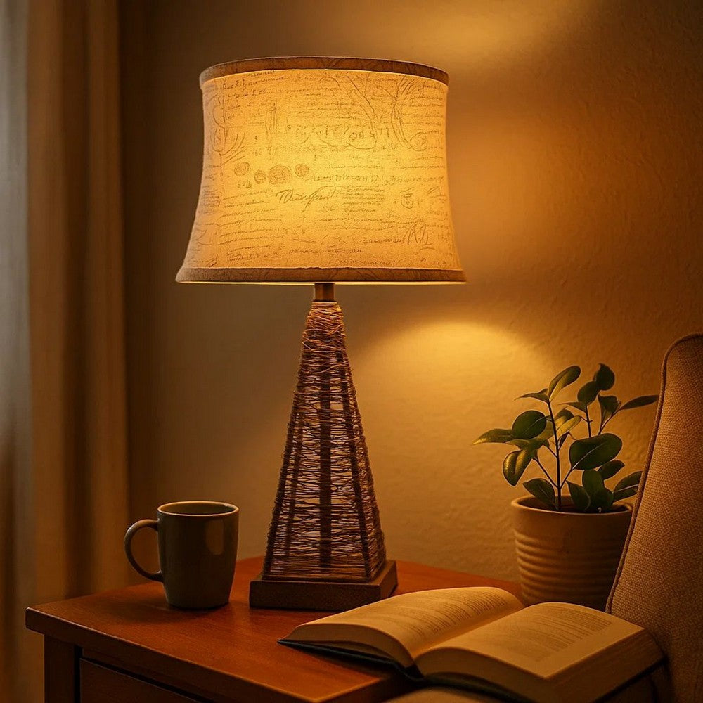 Benjara Metal Pyramid Base Table Lamp Set of 2 with Wire Design And Scripted Shade, Gray