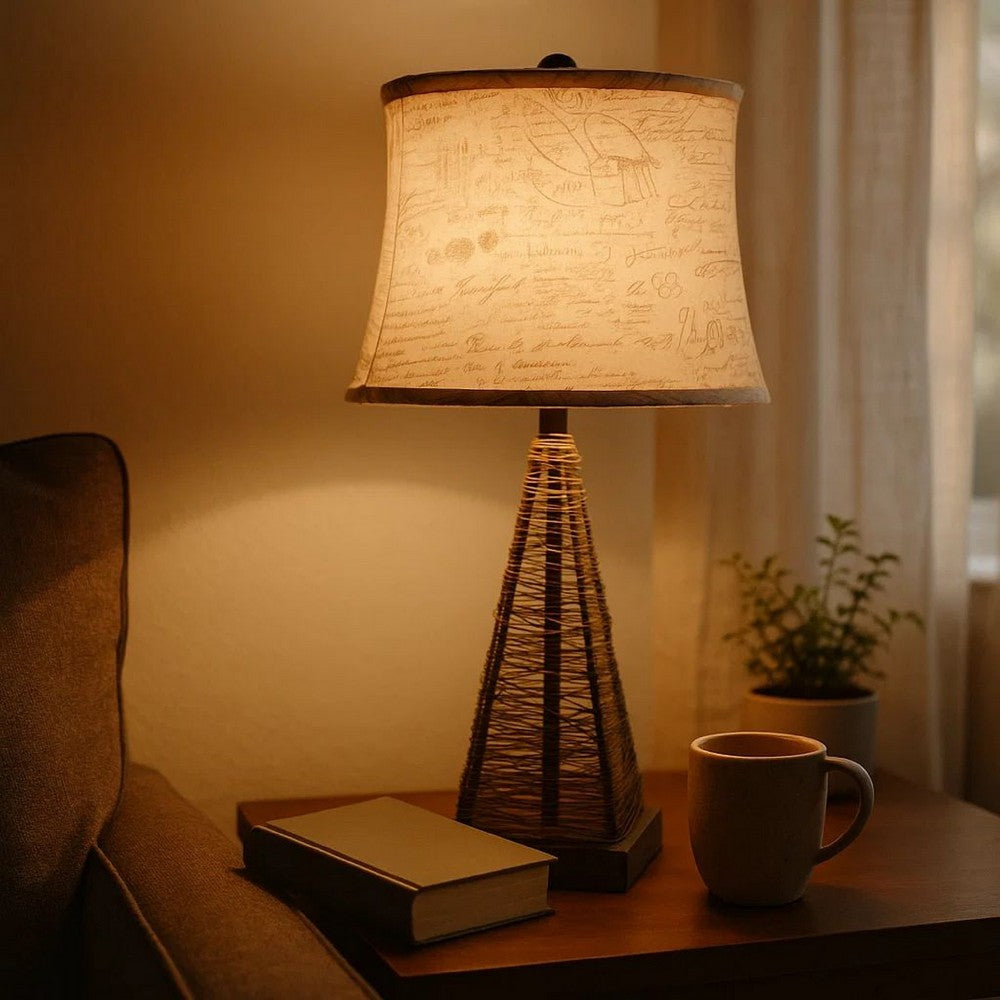 Benjara Metal Pyramid Base Table Lamp Set of 2 with Wire Design And Scripted Shade, Gray