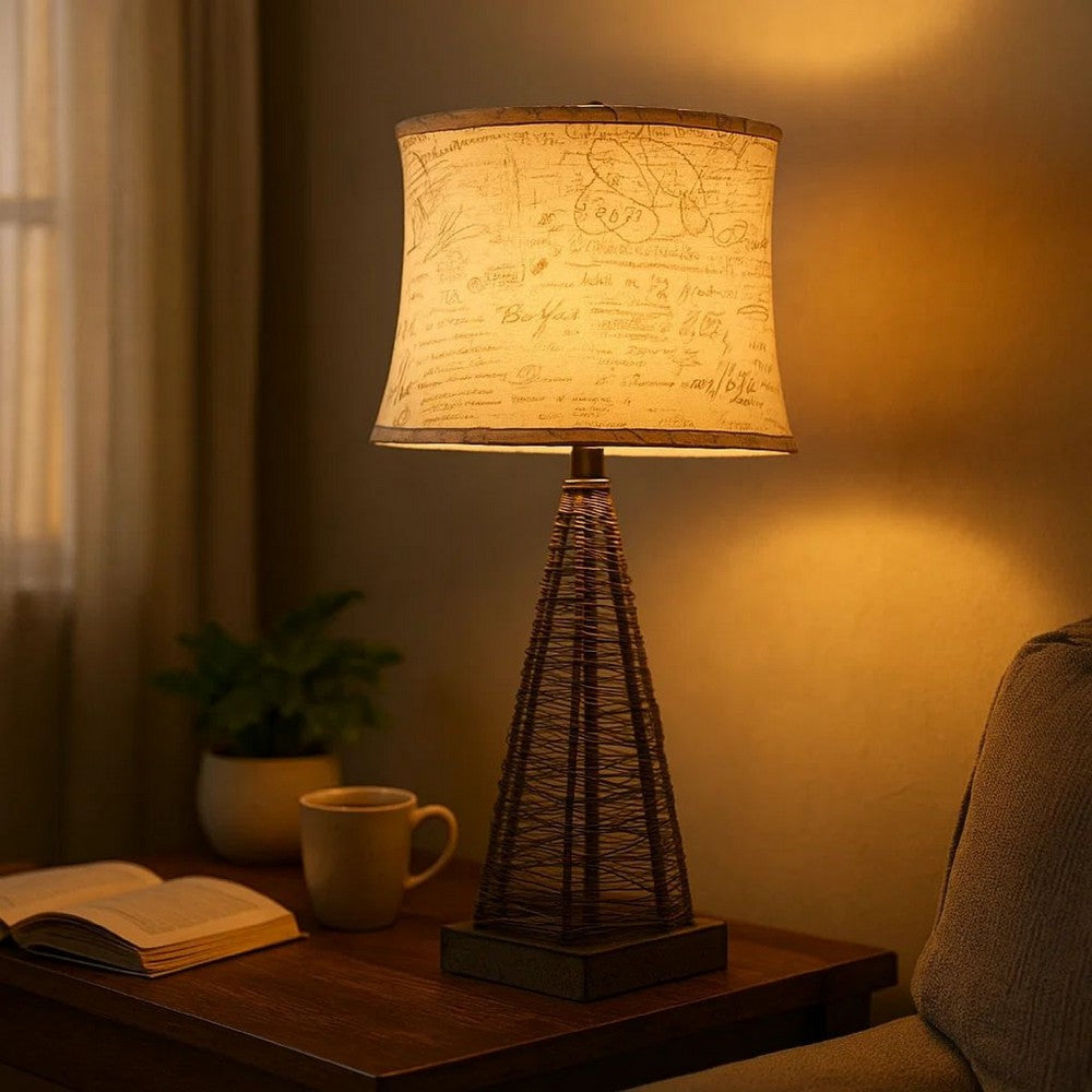Benjara Metal Pyramid Base Table Lamp Set of 2 with Wire Design And Scripted Shade, Gray