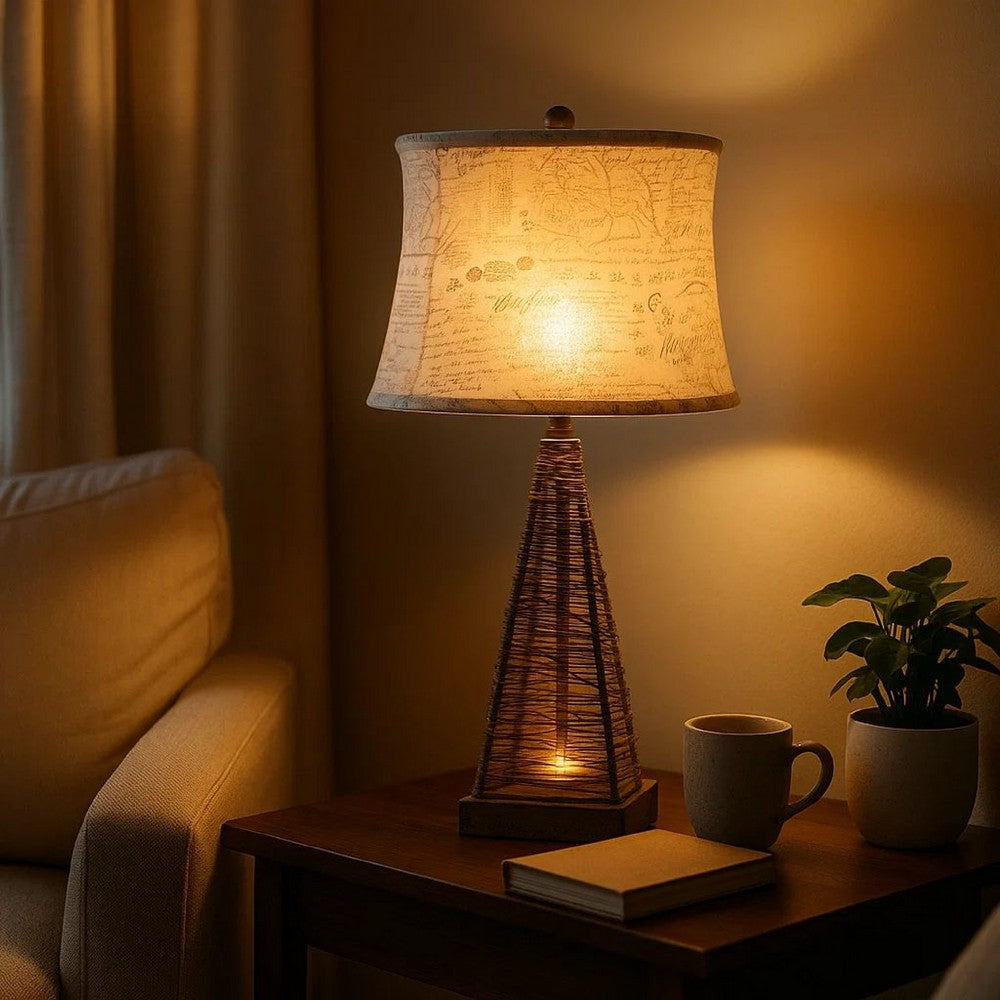 Benjara Metal Pyramid Base Table Lamp Set of 2 with Wire Design And Scripted Shade, Gray