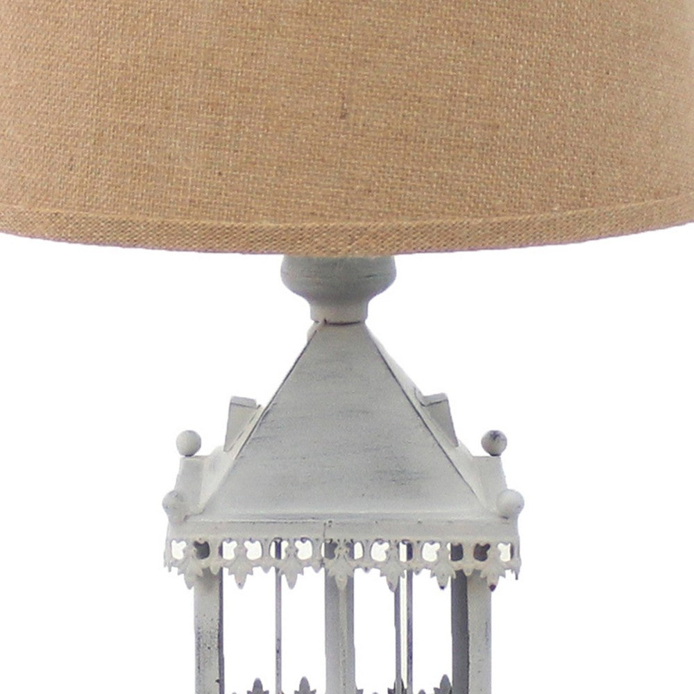 Benjara Metal Temple Design Base Table Lamp with Fabric Shade, Beige And Gray