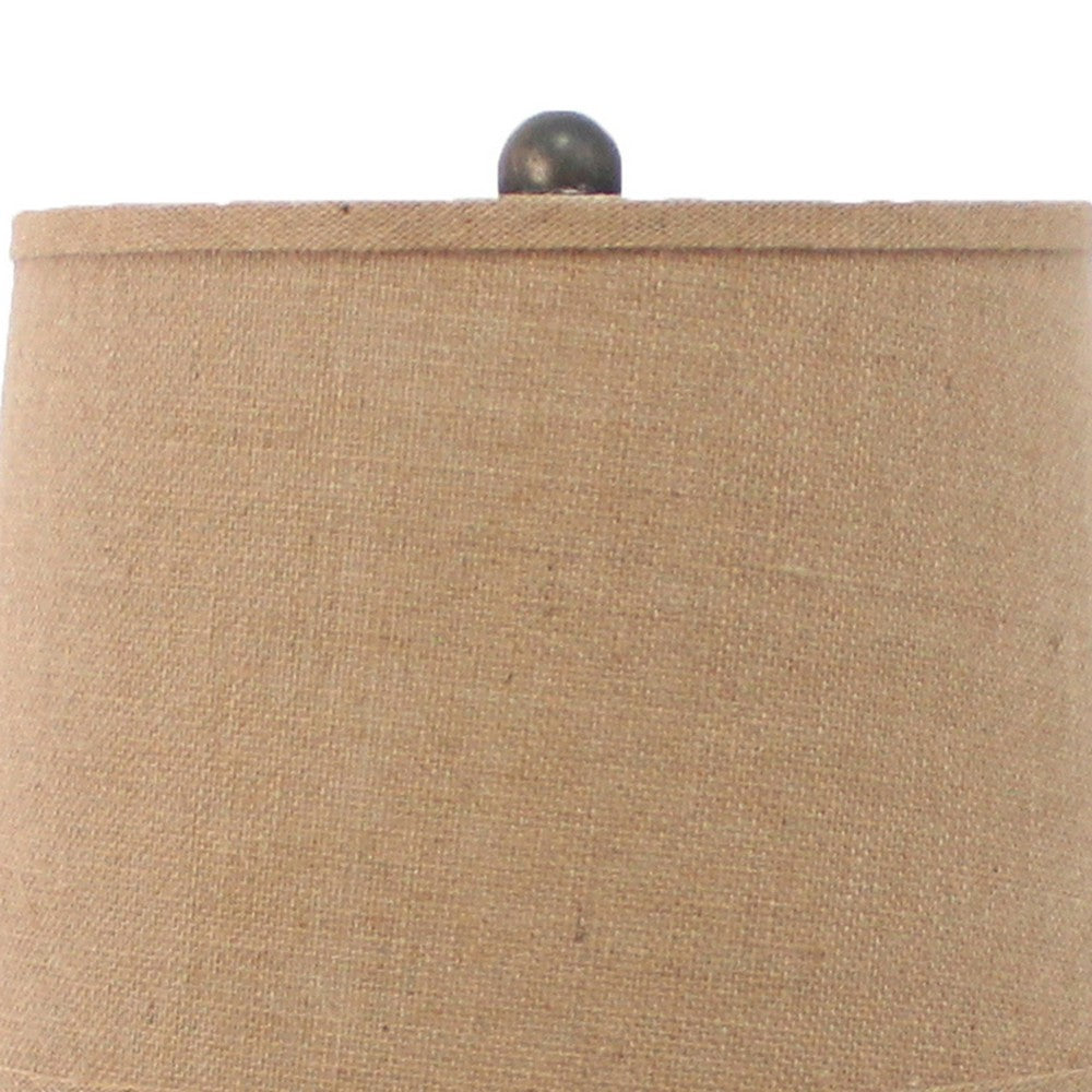 Benjara Metal Temple Design Base Table Lamp with Fabric Shade, Beige And Gray