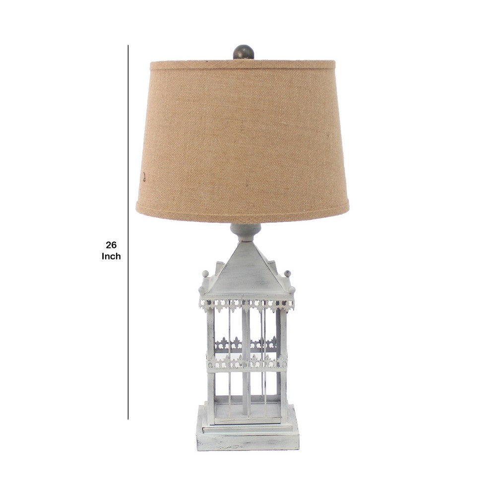 Benjara Metal Temple Design Base Table Lamp with Fabric Shade, Beige And Gray
