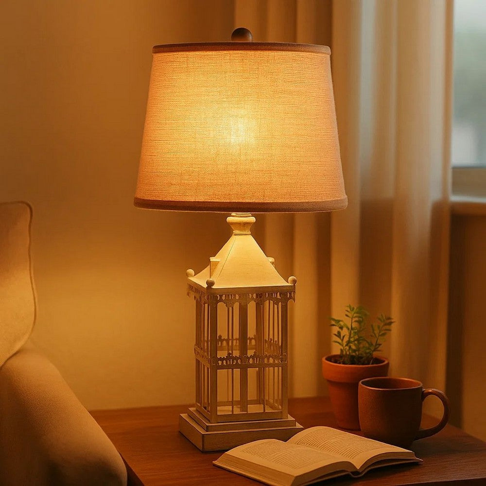 Benjara Metal Temple Design Base Table Lamp with Fabric Shade, Beige And Gray