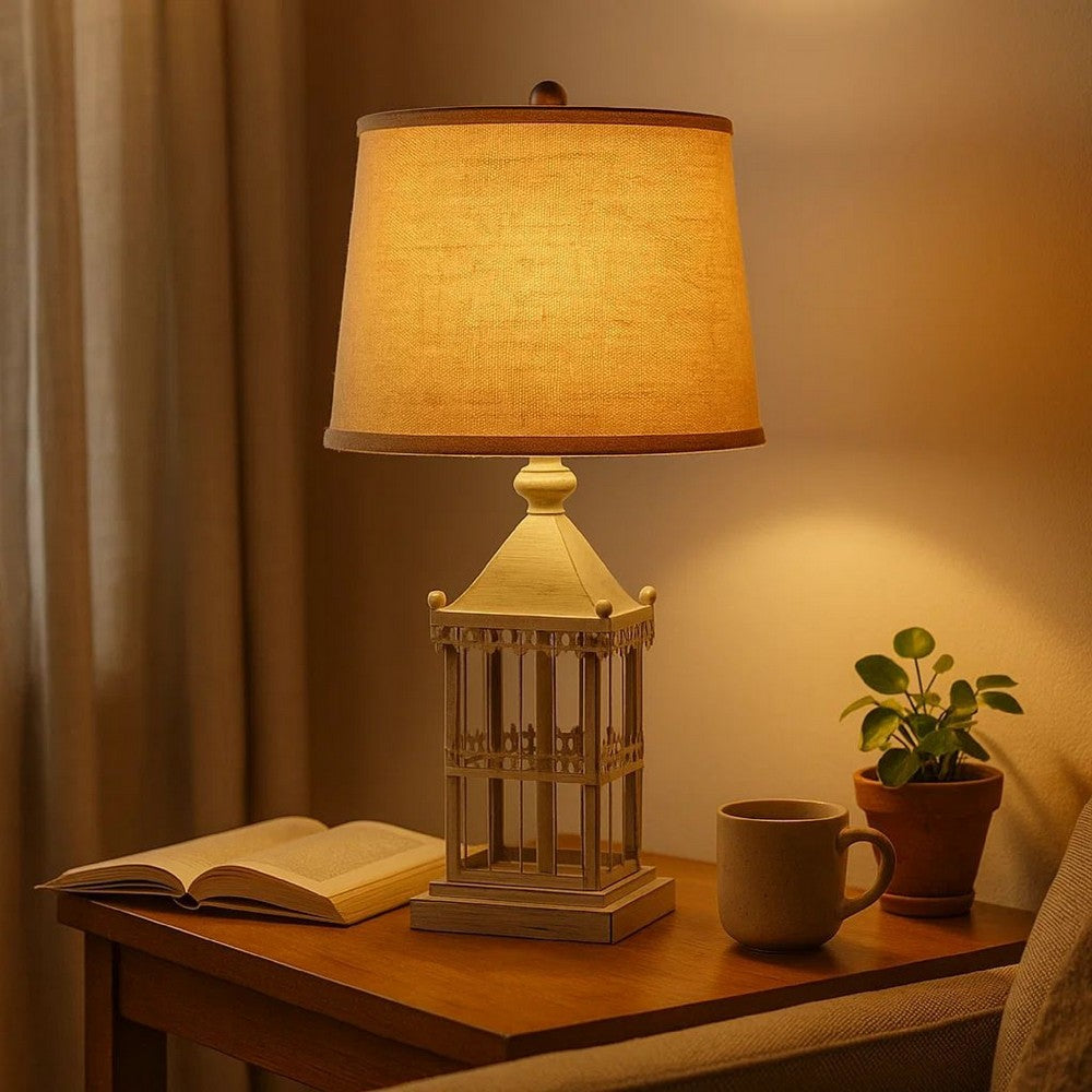 Benjara Metal Temple Design Base Table Lamp with Fabric Shade, Beige And Gray