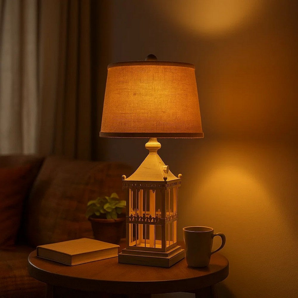 Benjara Metal Temple Design Base Table Lamp with Fabric Shade, Beige And Gray