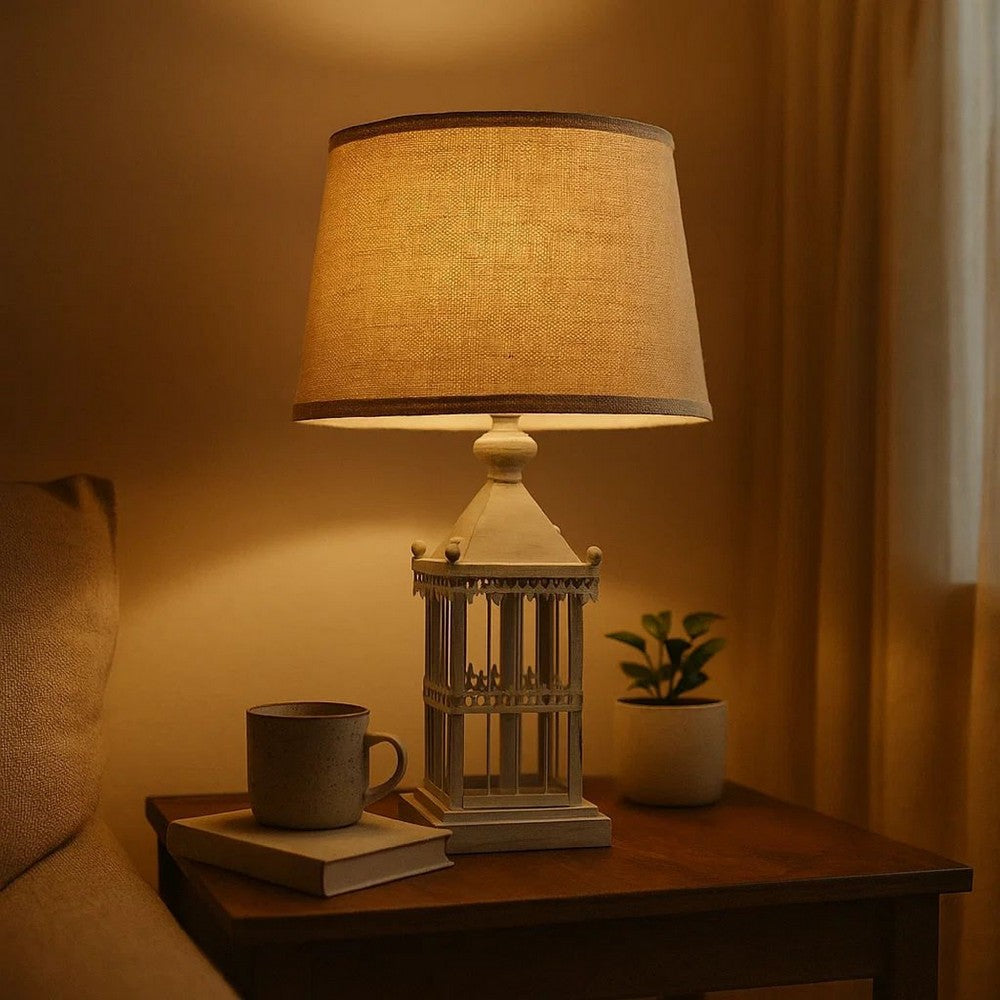 Benjara Metal Temple Design Base Table Lamp with Fabric Shade, Beige And Gray