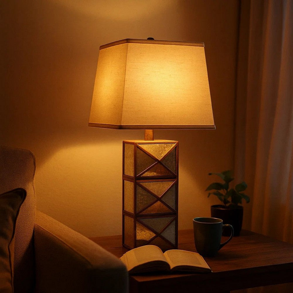 Benjara Metal Table Lamp Set of 2 with X Shape Design And Mirror Front,Multicolor