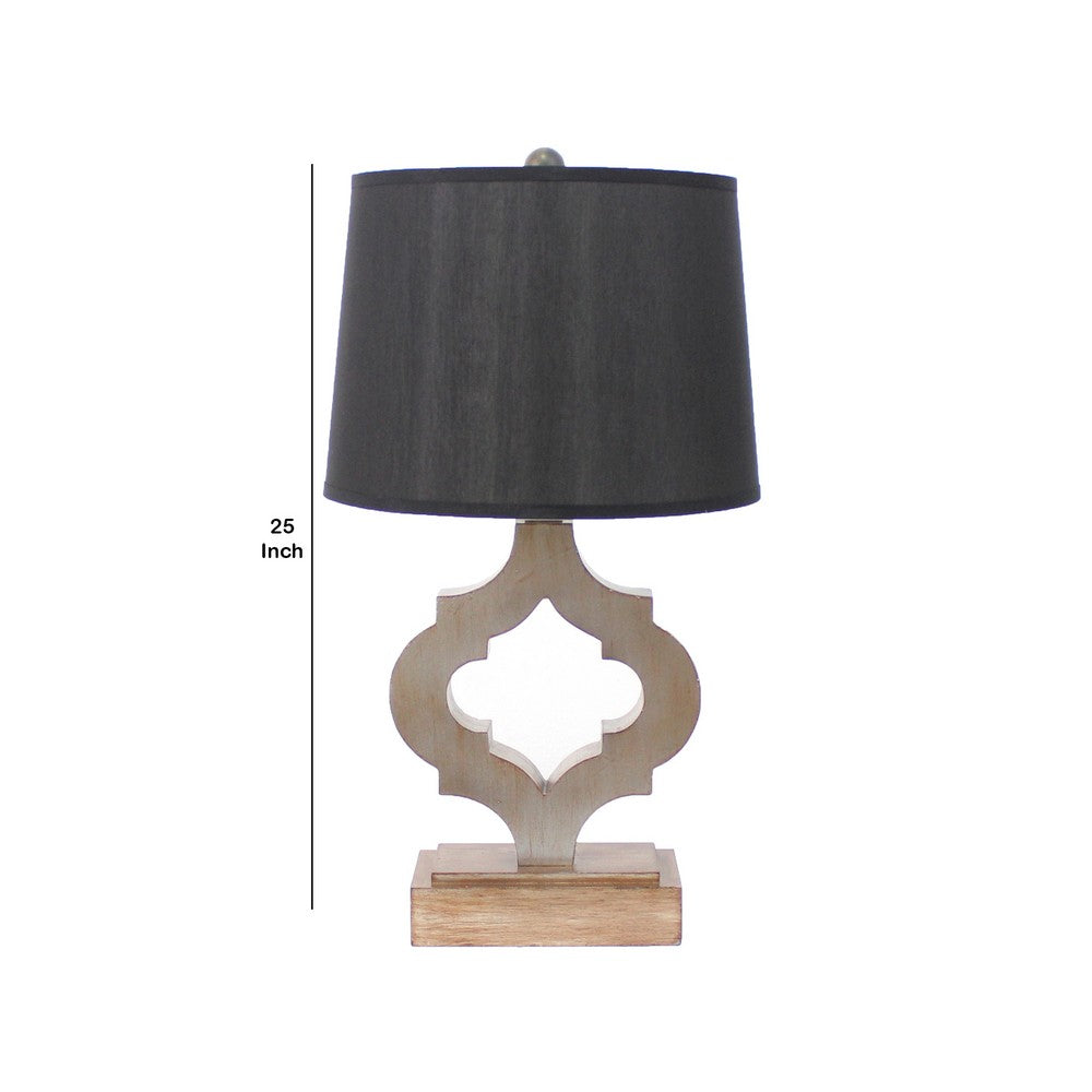 Benjara Wooden Table Lamp Set of 2 with Quatrefoil Design Base, Black And Antique White