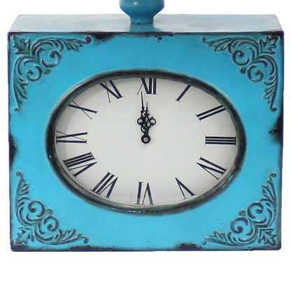 Benjara Clock Design Metal Table Lamp Set of 2 with Tapered Shade, Blue And Beige