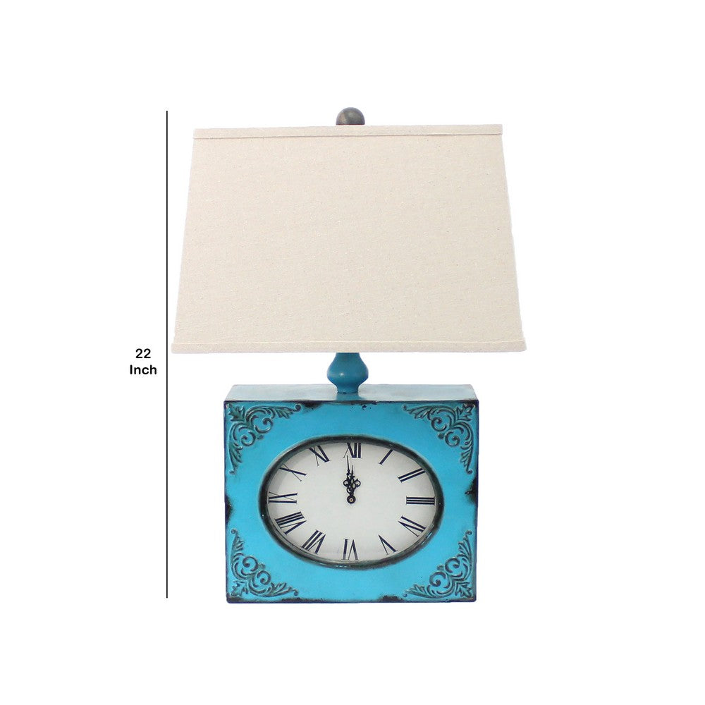 Benjara Clock Design Metal Table Lamp Set of 2 with Tapered Shade, Blue And Beige