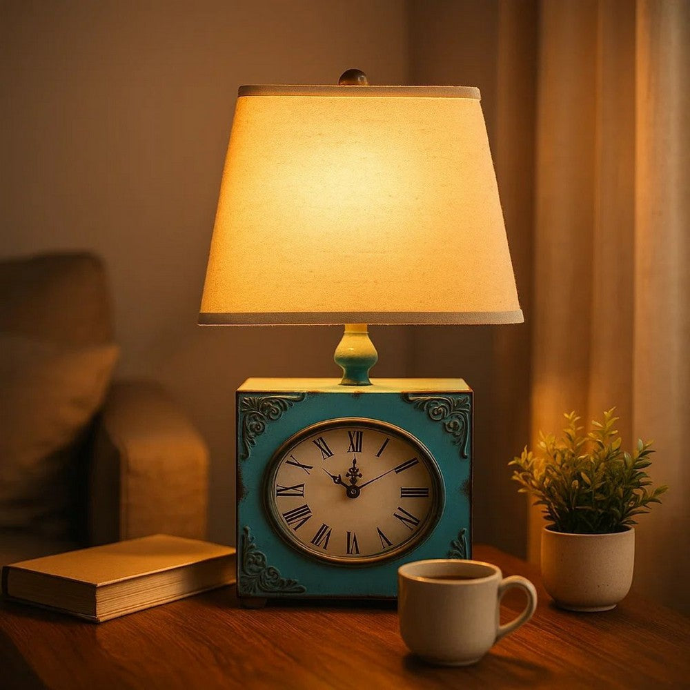 Benjara Clock Design Metal Table Lamp Set of 2 with Tapered Shade, Blue And Beige