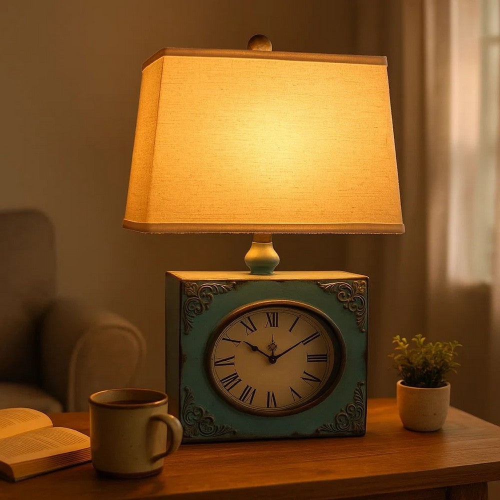 Benjara Clock Design Metal Table Lamp Set of 2 with Tapered Shade, Blue And Beige