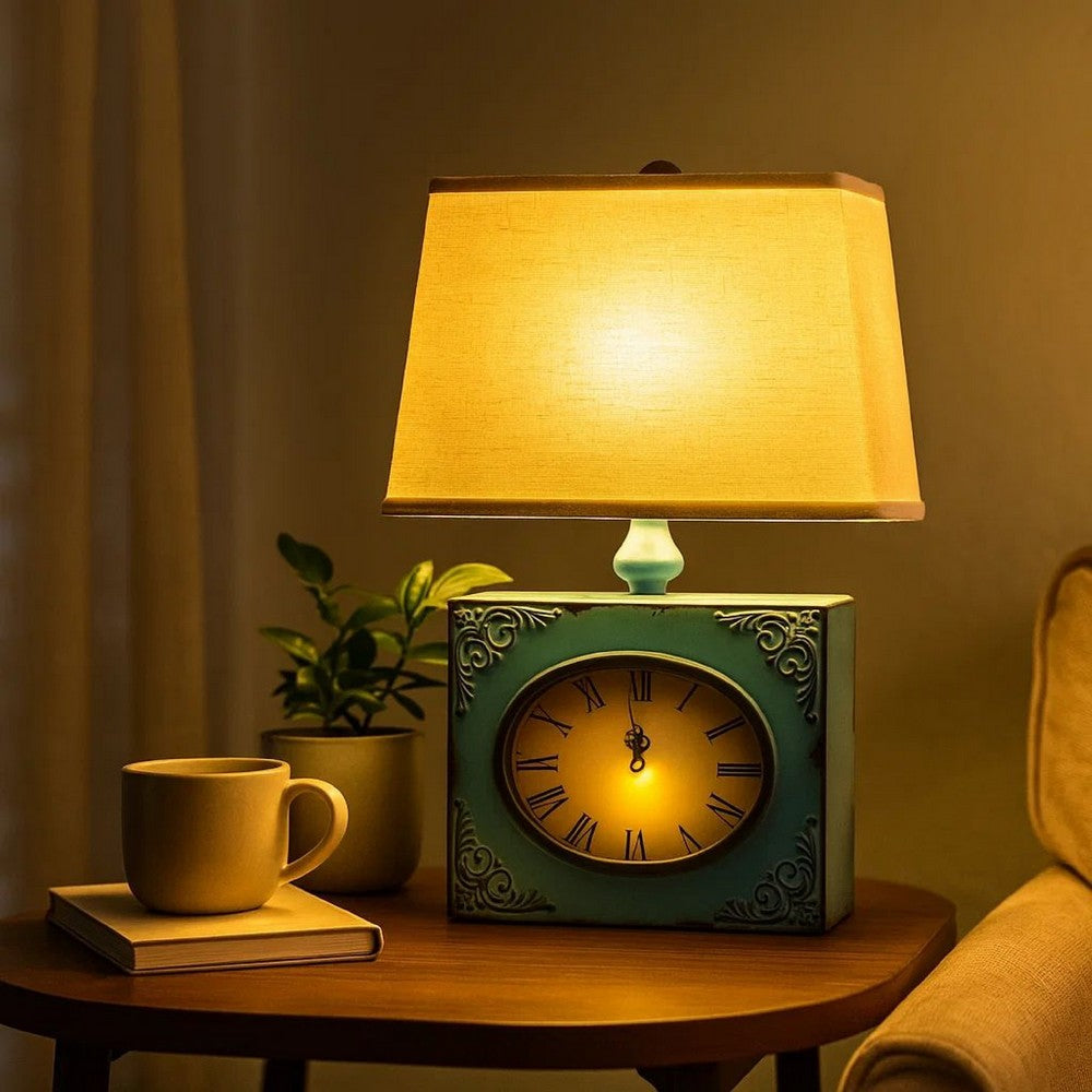 Benjara Clock Design Metal Table Lamp Set of 2 with Tapered Shade, Blue And Beige