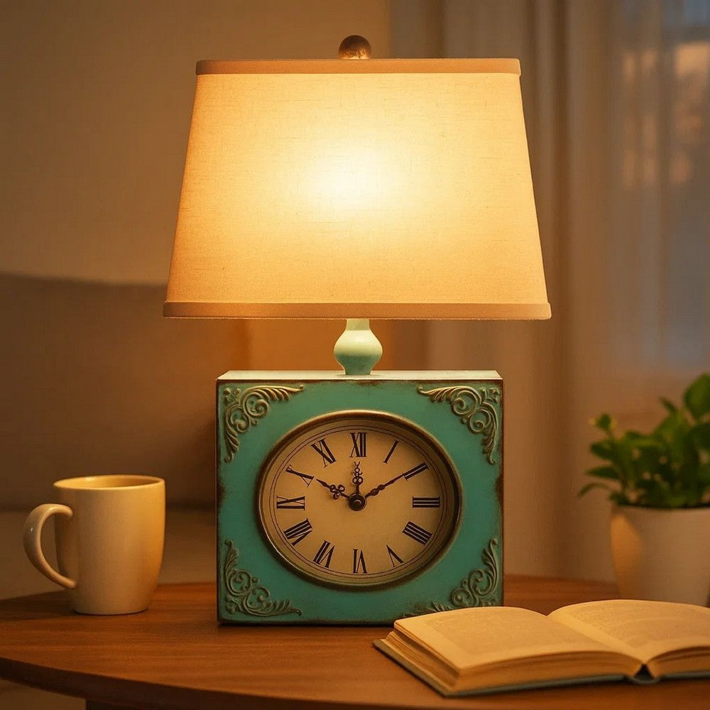 Benjara Clock Design Metal Table Lamp Set of 2 with Tapered Shade, Blue And Beige