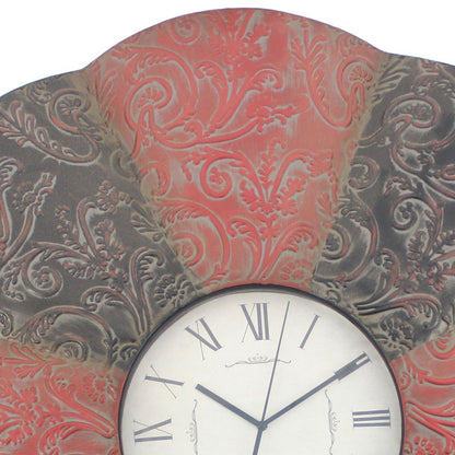 Benjara Blooming Flower Design Metal Wall Clock Set of 2 with Scroll Motifs, Red And Black