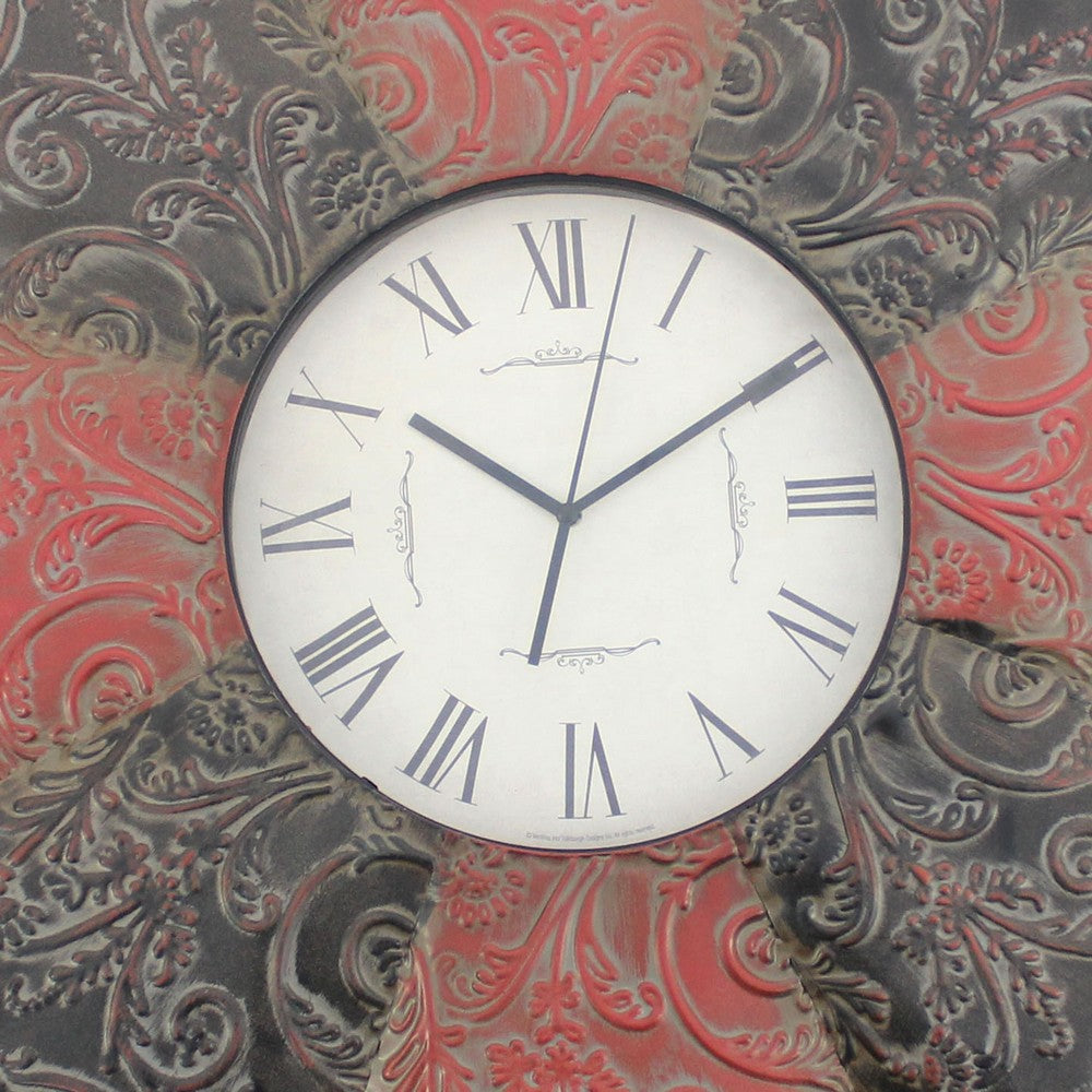 Benjara Blooming Flower Design Metal Wall Clock Set of 2 with Scroll Motifs, Red And Black