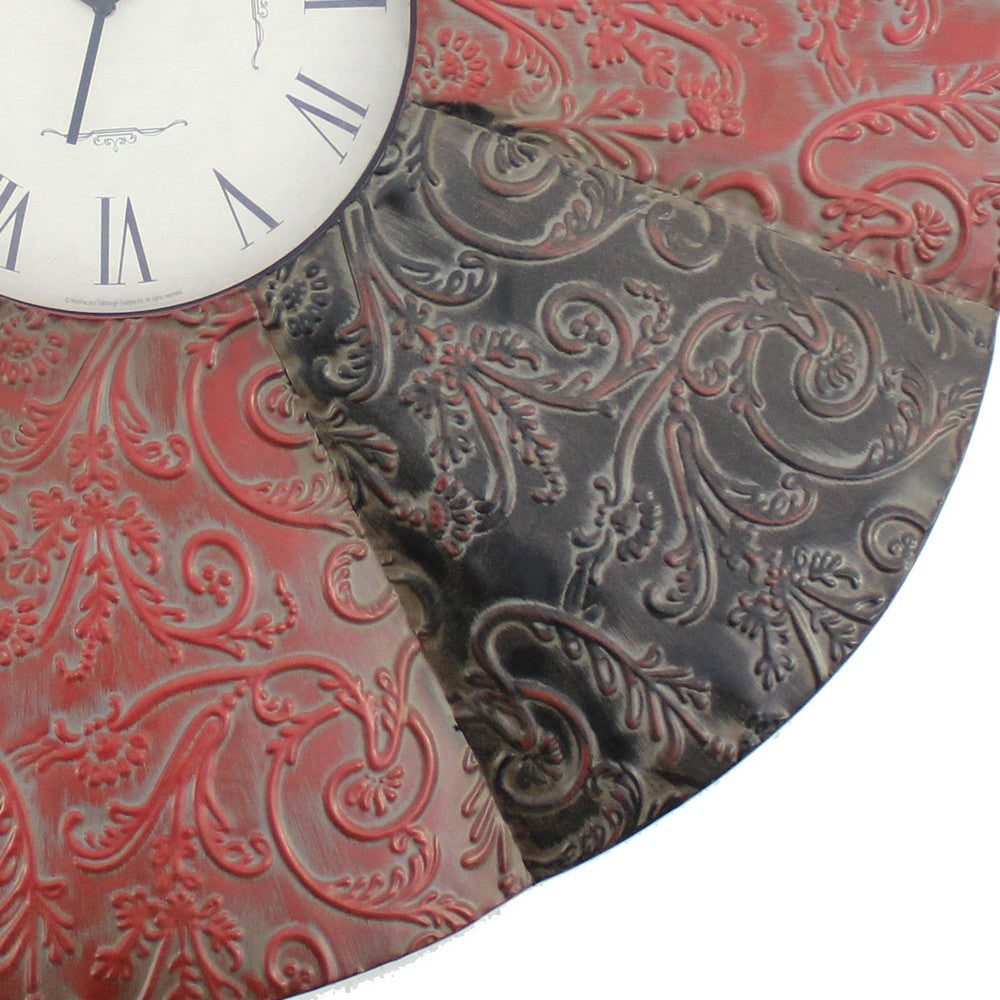 Benjara Blooming Flower Design Metal Wall Clock Set of 2 with Scroll Motifs, Red And Black
