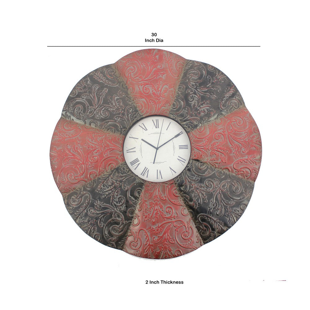 Benjara Blooming Flower Design Metal Wall Clock Set of 2 with Scroll Motifs, Red And Black