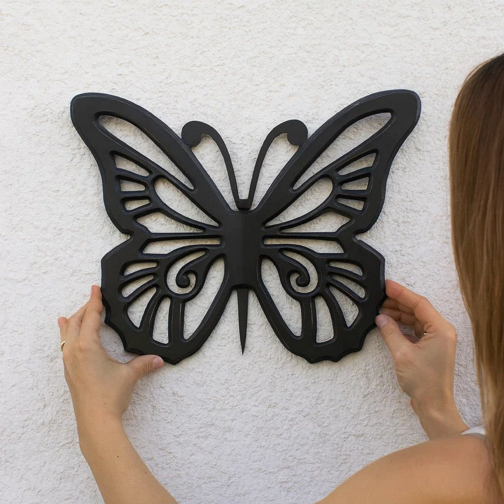 Benjara Set of 2 Wooden Butterfly Wall Plaque with Cutout Detail, Black