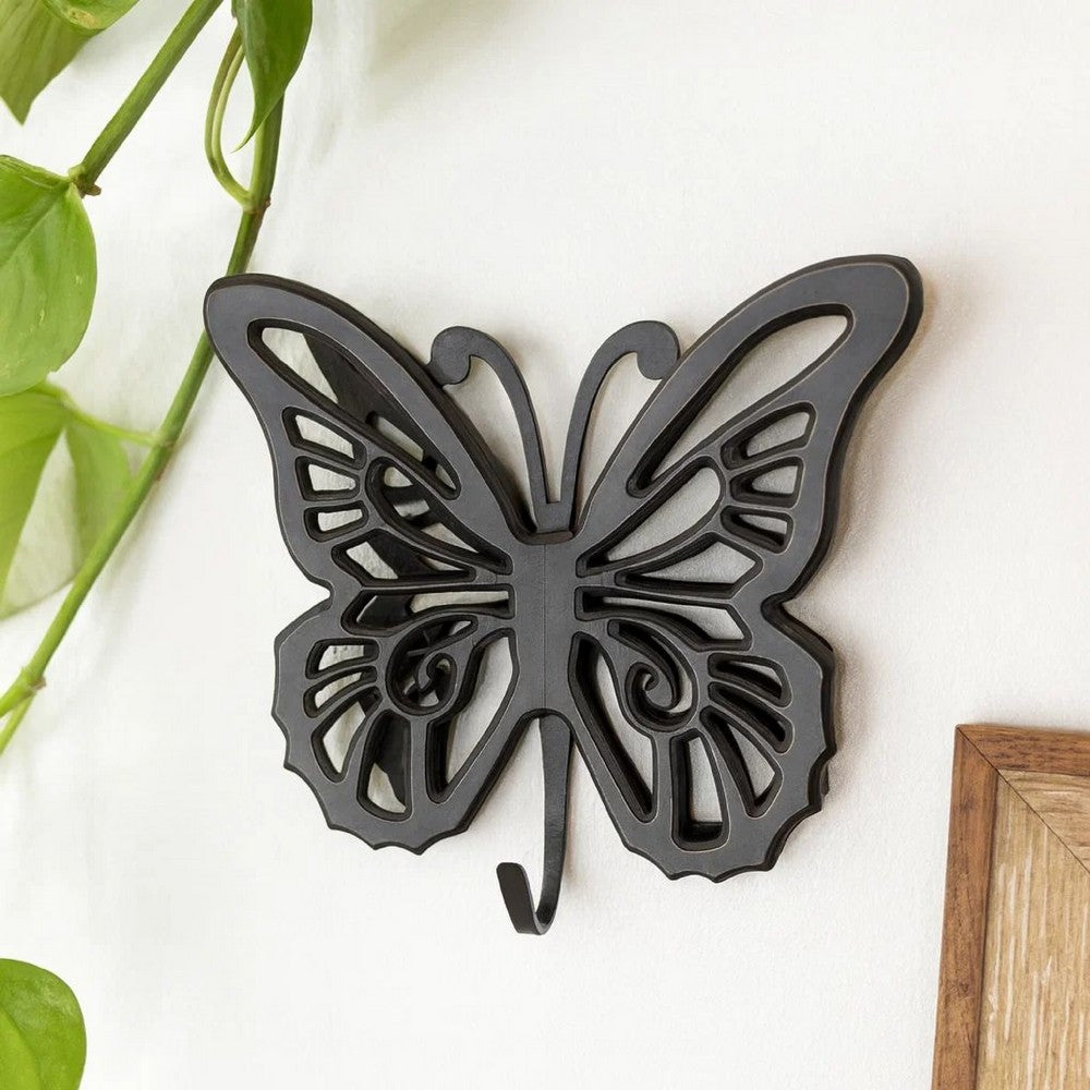 Benjara Set of 2 Wooden Butterfly Wall Plaque with Cutout Detail, Black