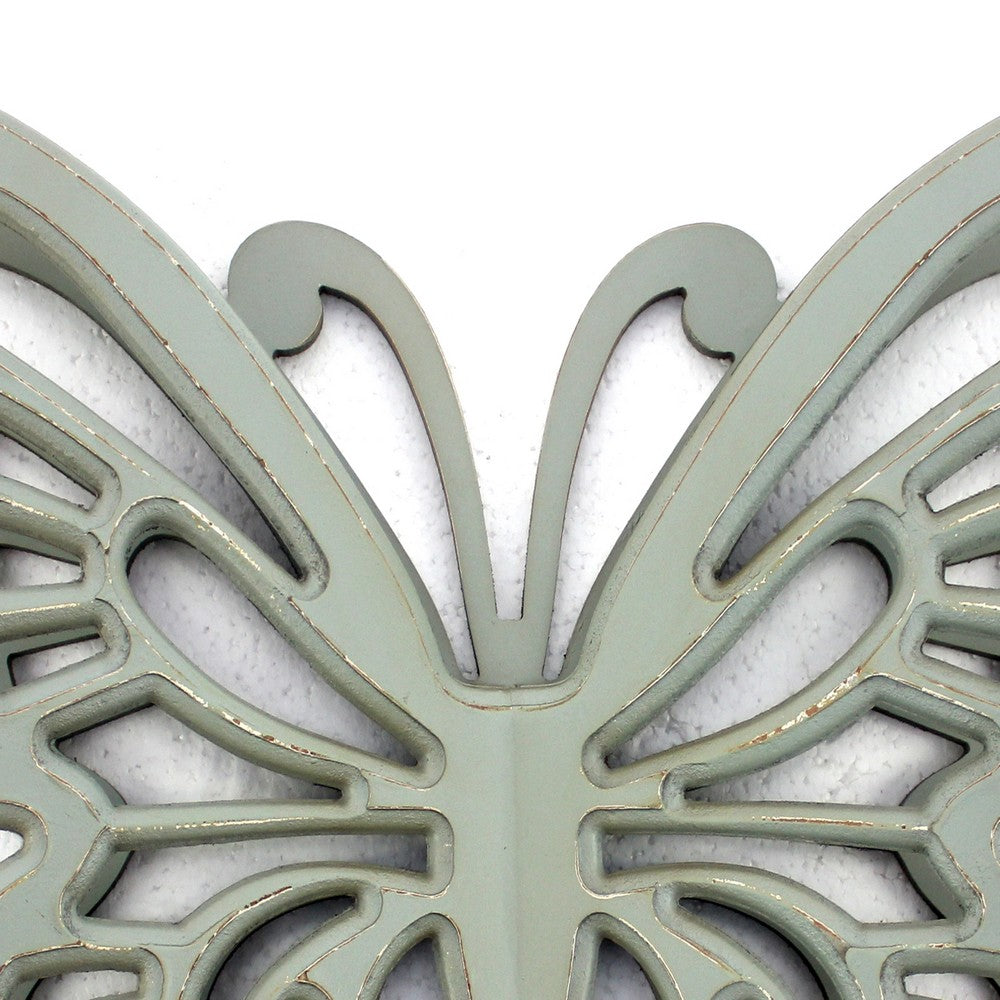 Benjara Set of 2 Wooden Butterfly Wall Plaque with Cutout Detail, Light Gray