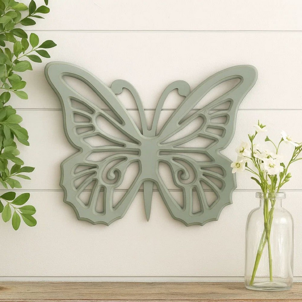 Benjara Set of 2 Wooden Butterfly Wall Plaque with Cutout Detail, Light Gray