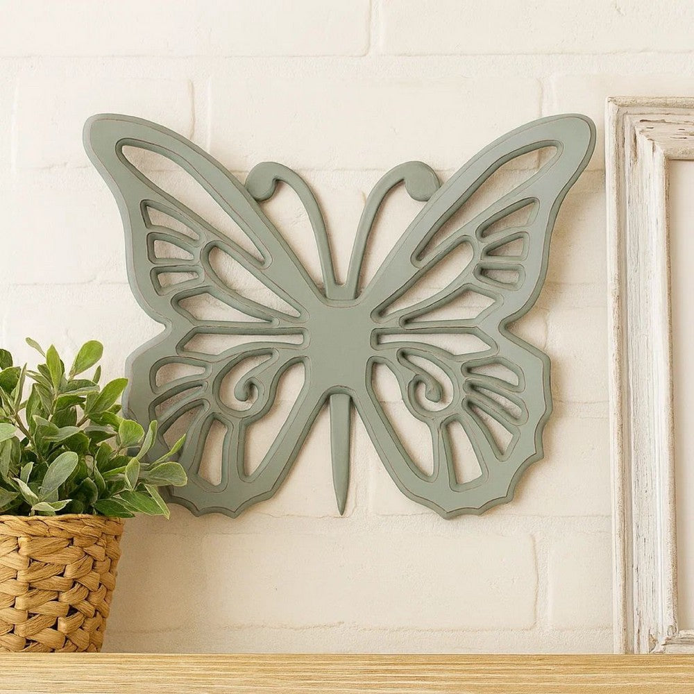 Benjara Set of 2 Wooden Butterfly Wall Plaque with Cutout Detail, Light Gray