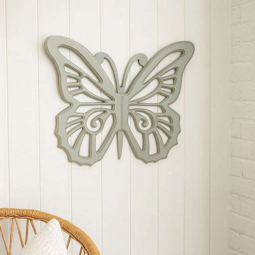 Benjara Set of 2 Wooden Butterfly Wall Plaque with Cutout Detail, Light Gray