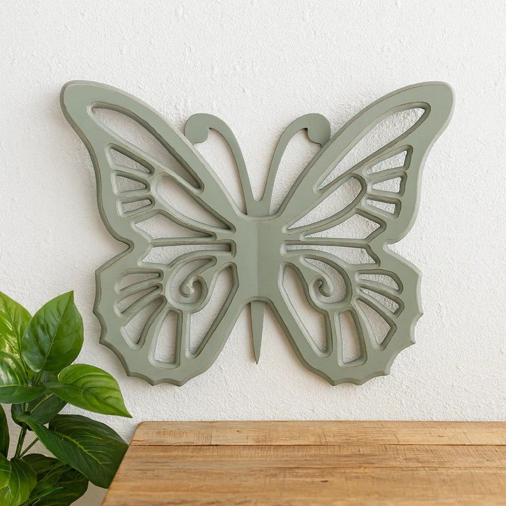 Benjara Set of 2 Wooden Butterfly Wall Plaque with Cutout Detail, Light Gray