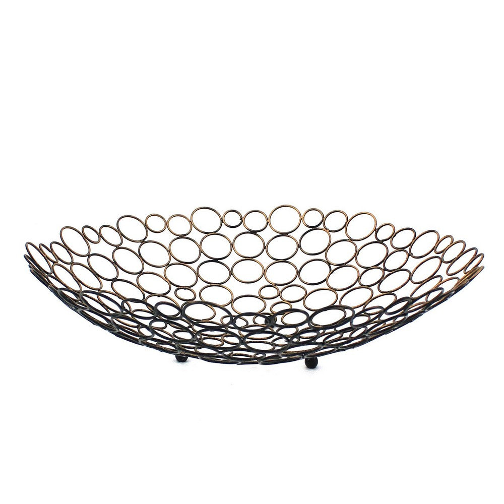 Benjara Decorative Metal Tray Set of 2 with Mesh Design And Ball Support,Gold And Black