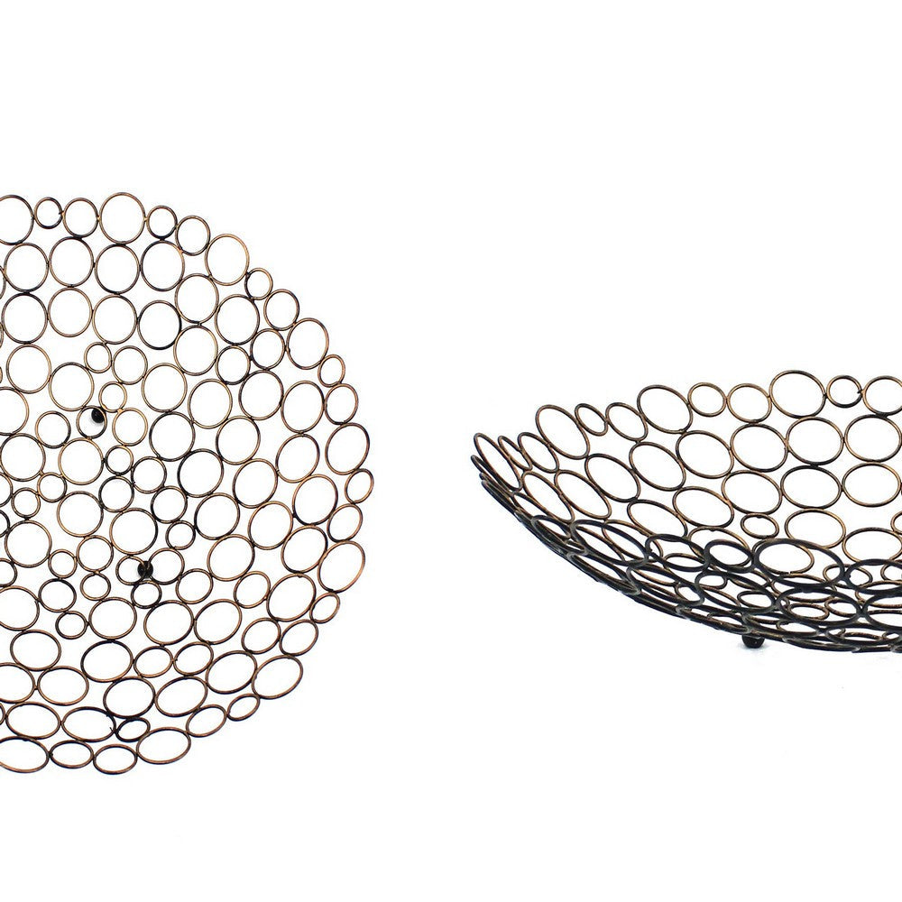 Benjara Decorative Metal Tray Set of 2 with Mesh Design And Ball Support,Gold And Black