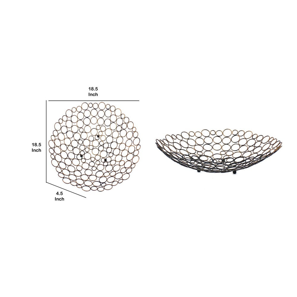 Benjara Decorative Metal Tray Set of 2 with Mesh Design And Ball Support,Gold And Black