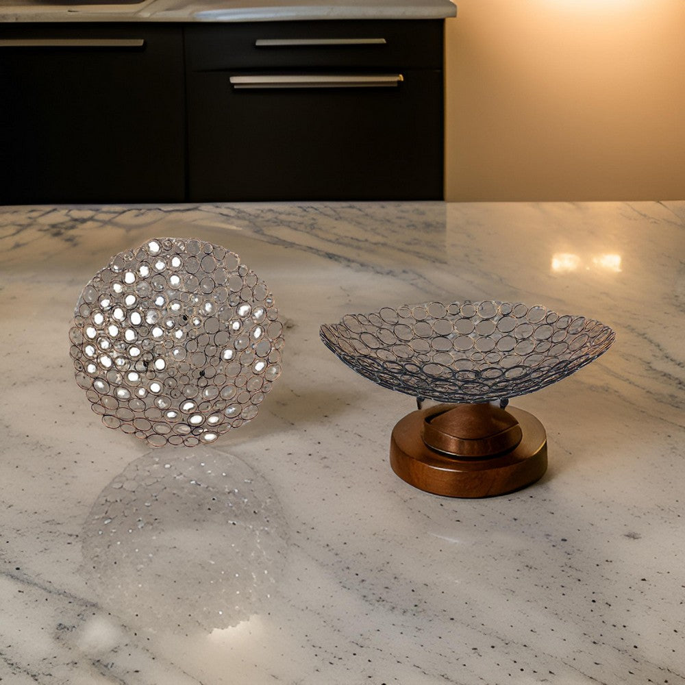 Benjara Decorative Metal Tray Set of 2 with Mesh Design And Ball Support,Gold And Black