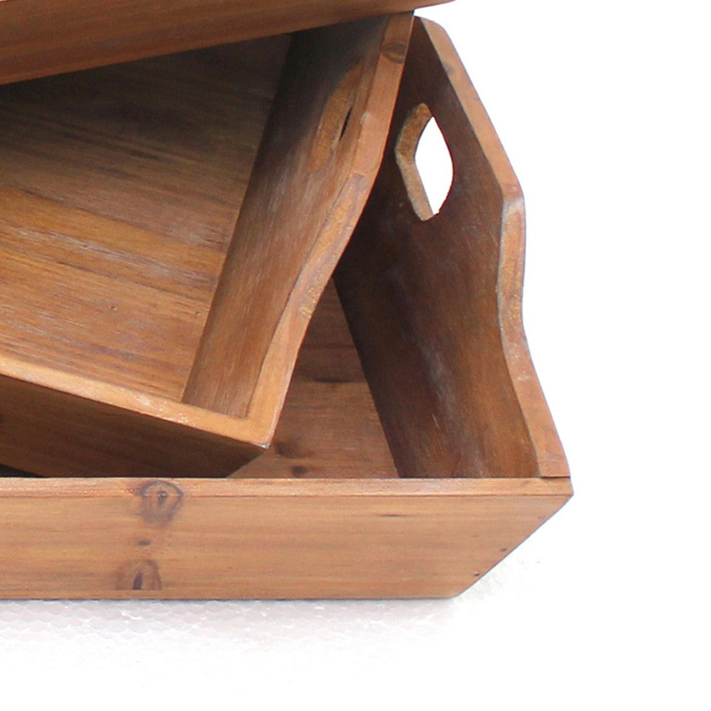Benjara Rectangular Wooden Serving Tray with Cut Out Handles, Set of 3, Brown