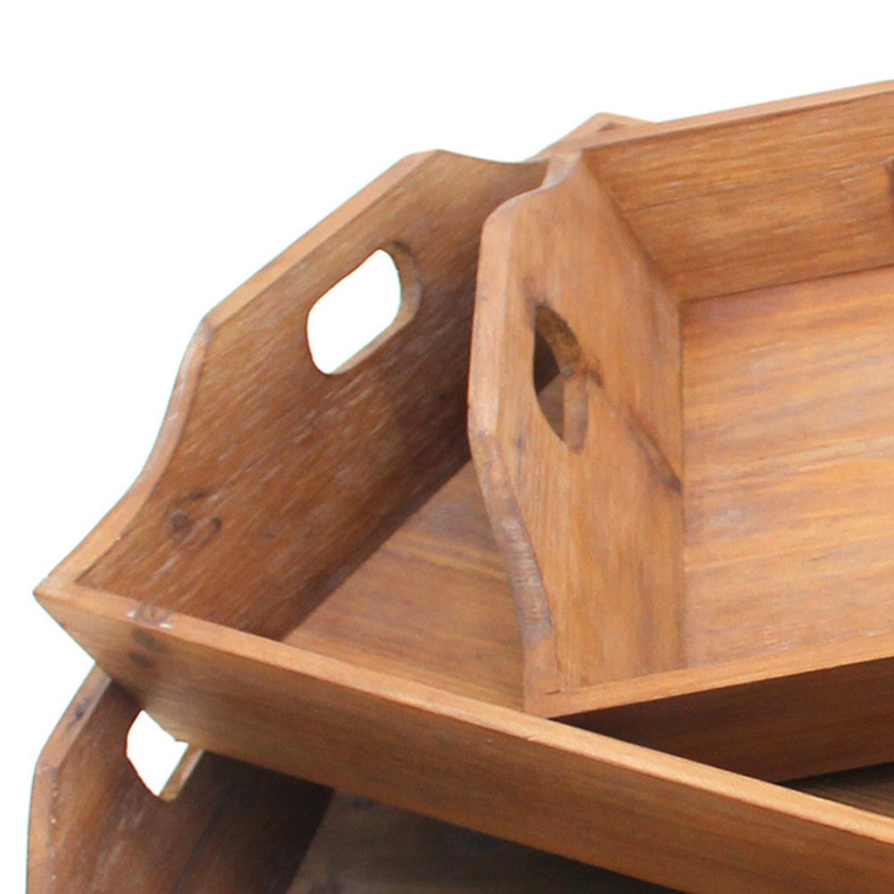 Benjara Rectangular Wooden Serving Tray with Cut Out Handles, Set of 3, Brown