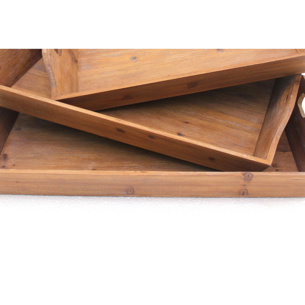 Benjara Rectangular Wooden Serving Tray with Cut Out Handles, Set of 3, Brown
