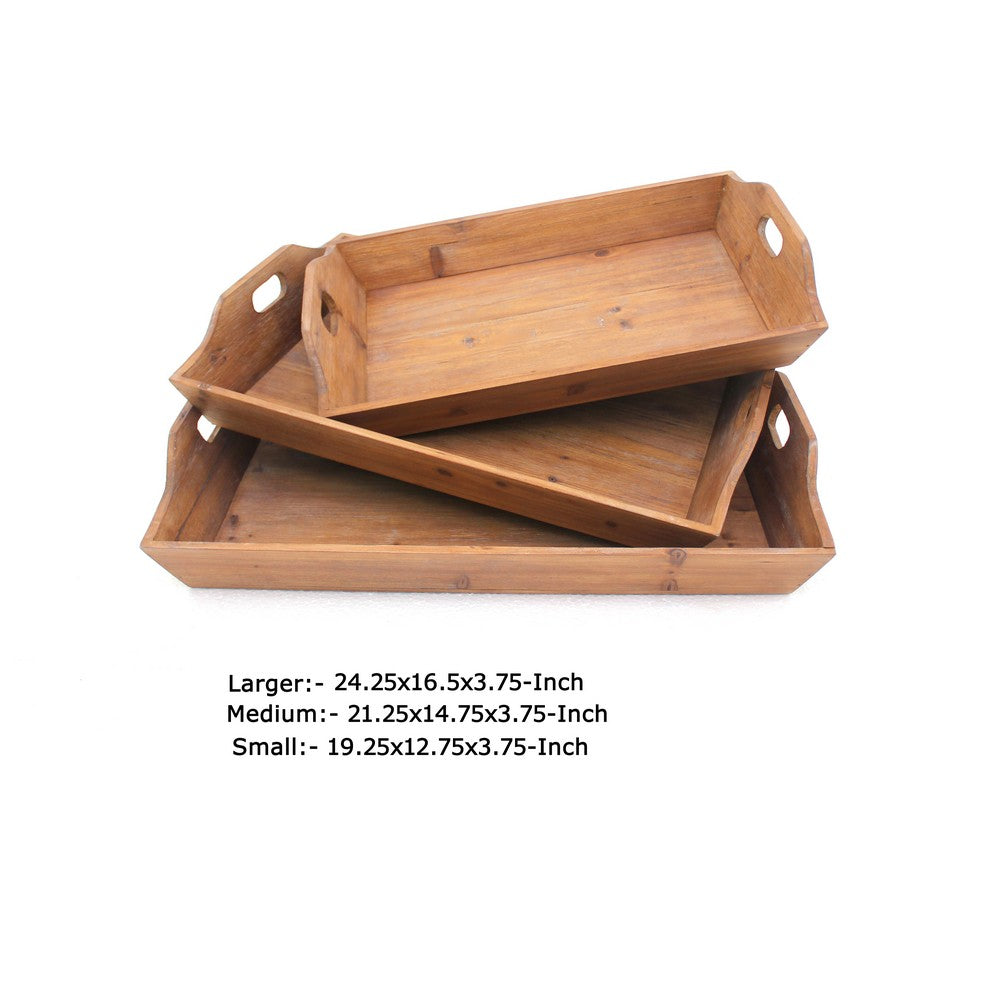 Benjara Rectangular Wooden Serving Tray with Cut Out Handles, Set of 3, Brown