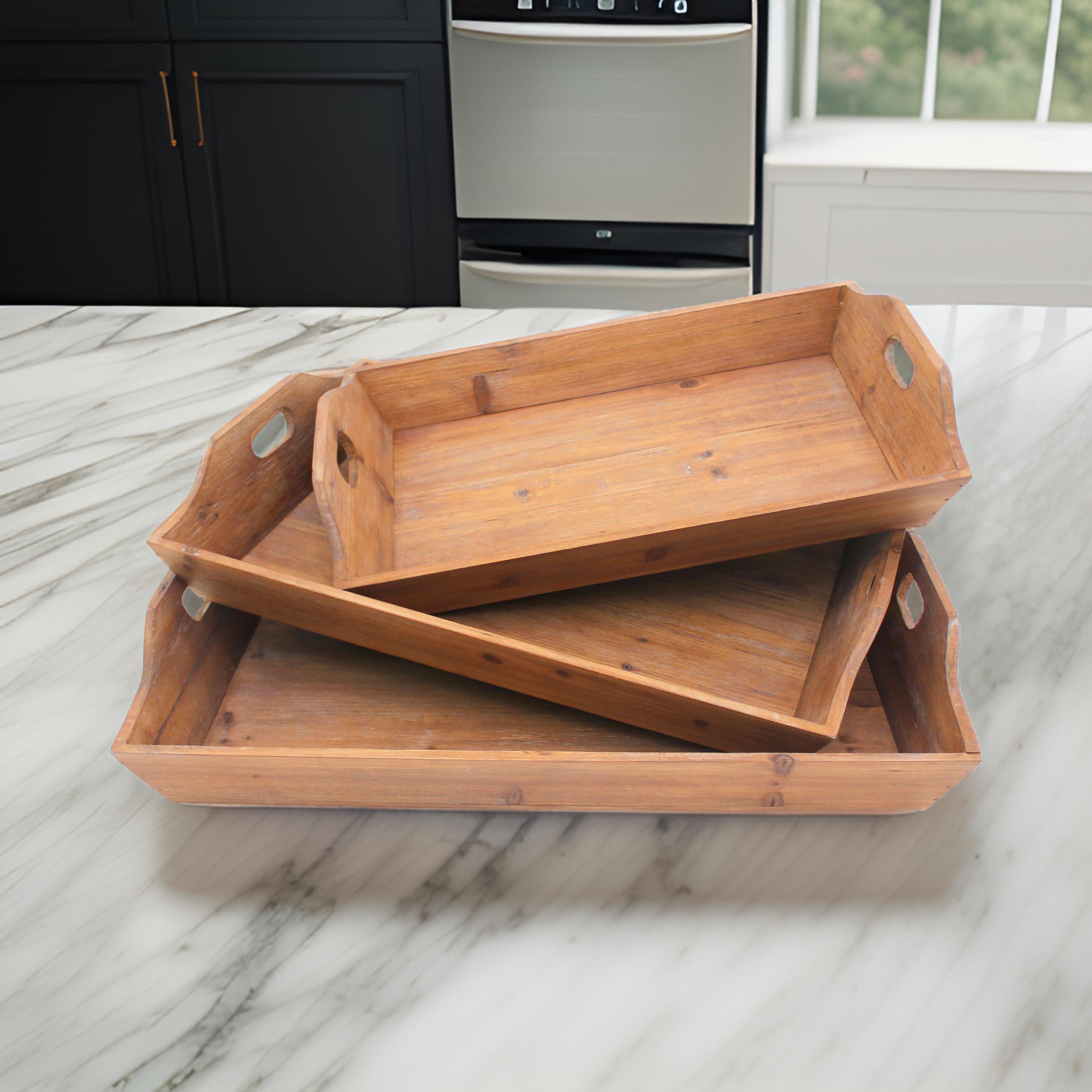 Benjara Rectangular Wooden Serving Tray with Cut Out Handles, Set of 3, Brown