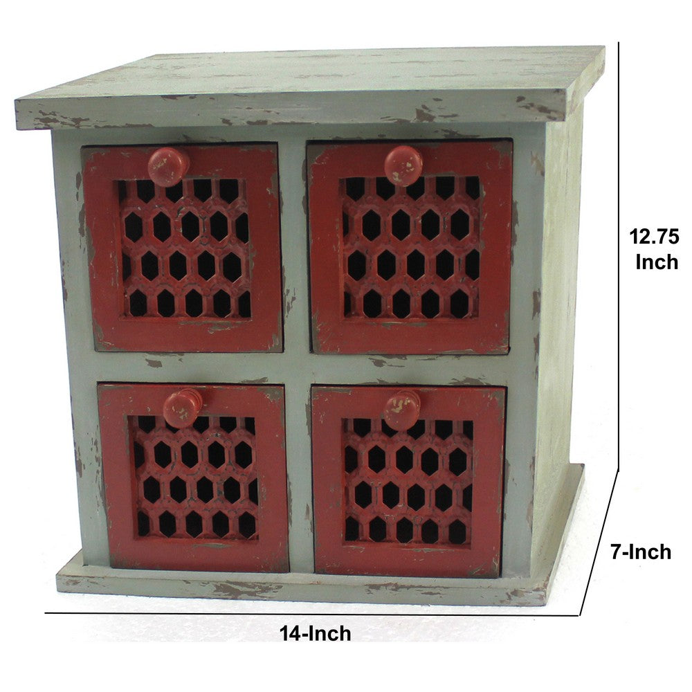 Benjara Wooden Table Top Organizer Set of 2 with 4 Drawers, Distressed Gray And Red