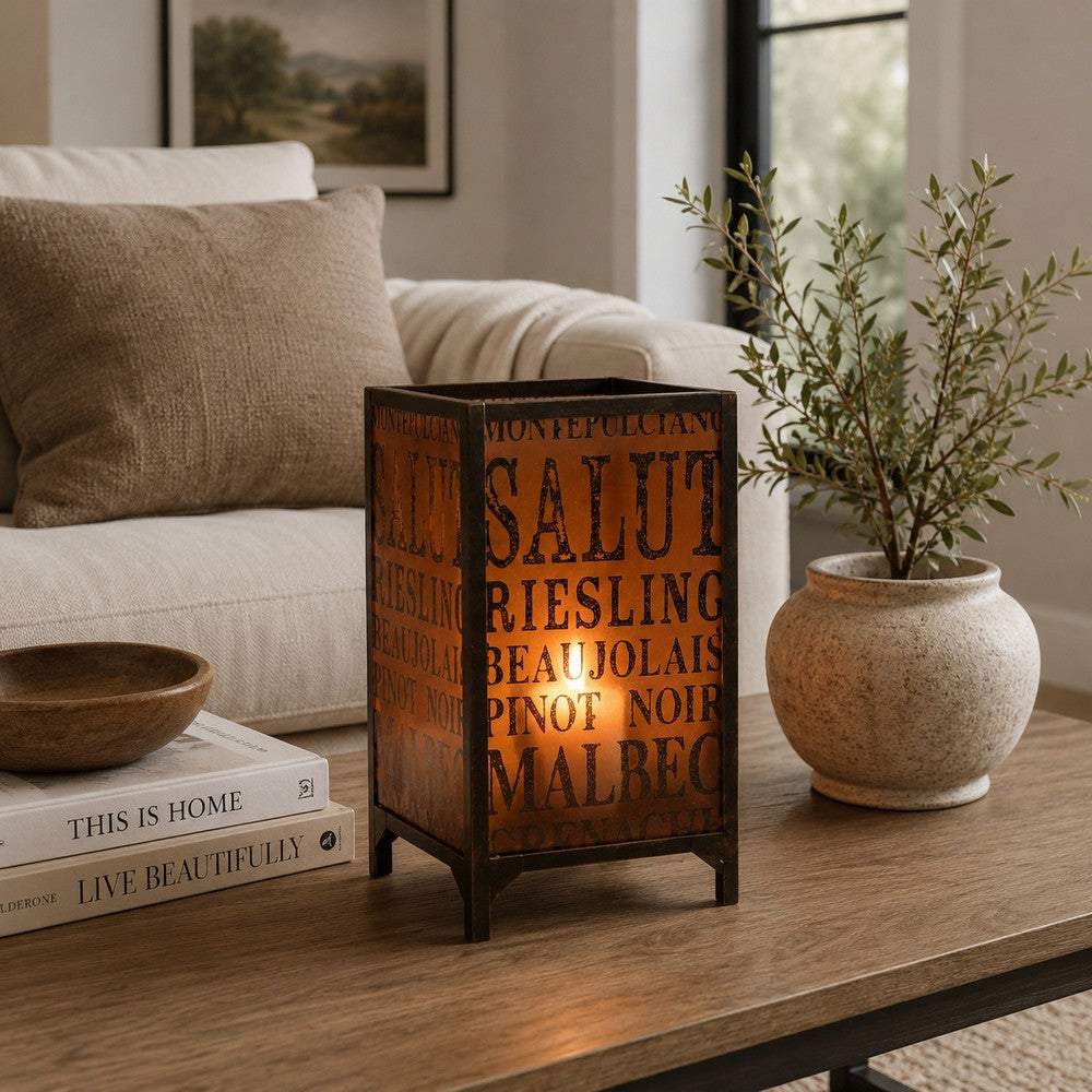 Benjara Cuboidal Metal And Glass Candleholder with Typography, Black And Clear