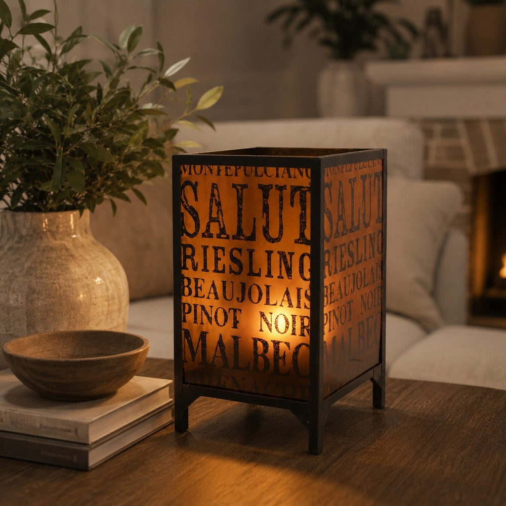 Benjara Cuboidal Metal And Glass Candleholder with Typography, Black And Clear