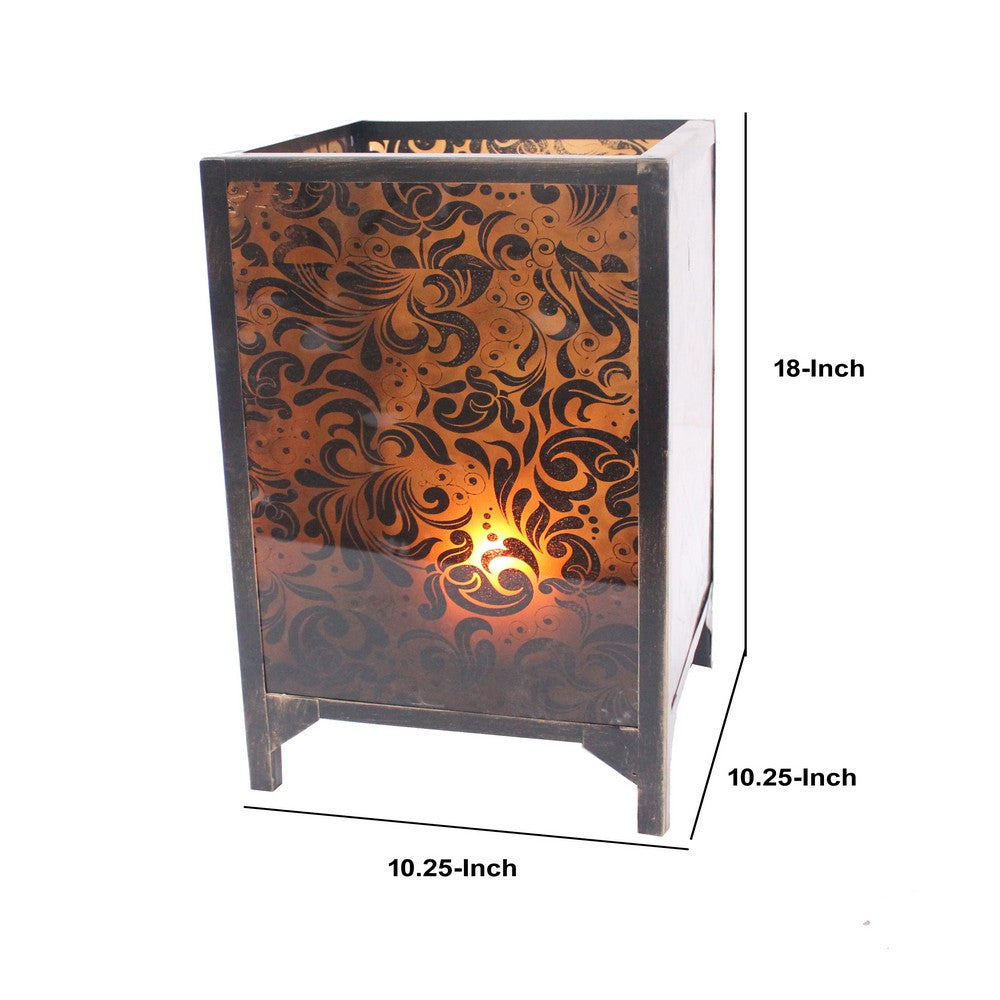 Benjara Cuboidal Metal And Glass Filigree Candleholder, Black And Clear