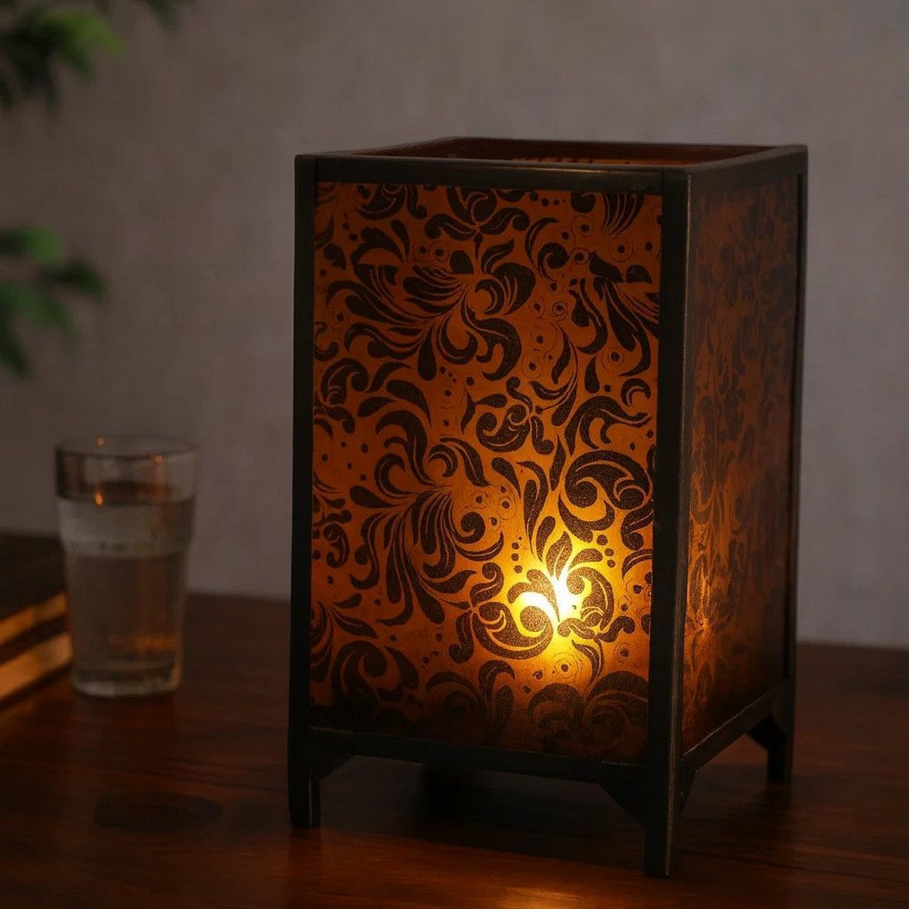 Benjara Cuboidal Metal And Glass Filigree Candleholder, Black And Clear
