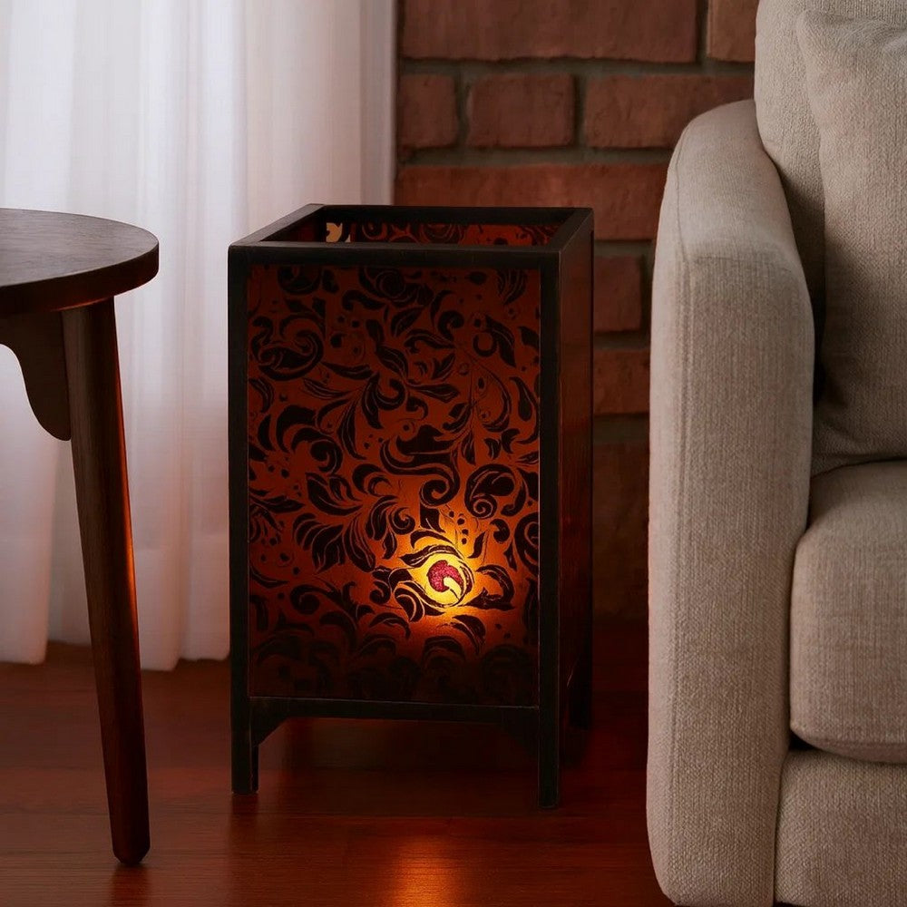 Benjara Cuboidal Metal And Glass Filigree Candleholder, Black And Clear