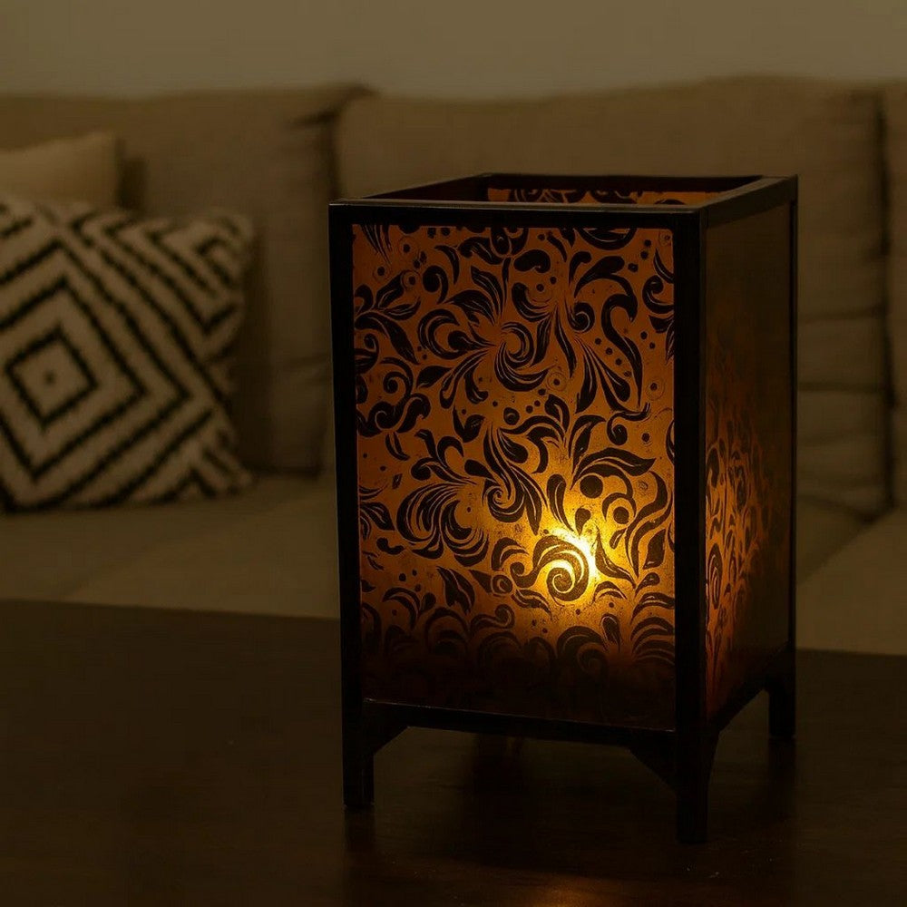 Benjara Cuboidal Metal And Glass Filigree Candleholder, Black And Clear