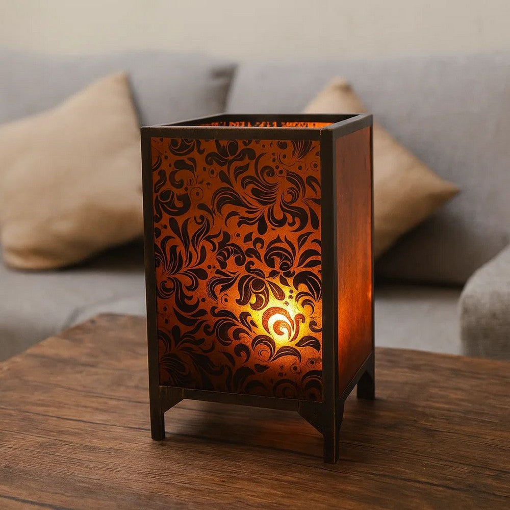 Benjara Cuboidal Metal And Glass Filigree Candleholder, Black And Clear