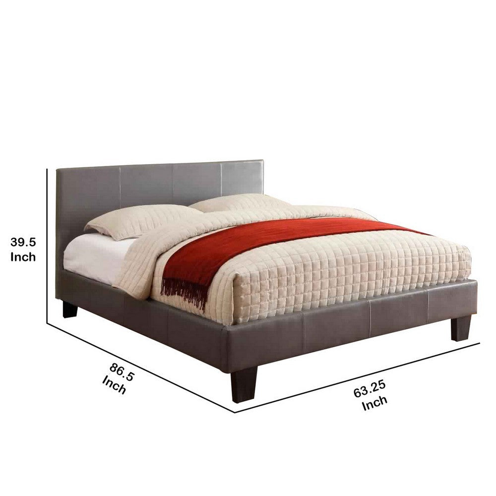 Benjara Leatherette Platform Style Queen Size Bed with Tapered Block Feet, Gray