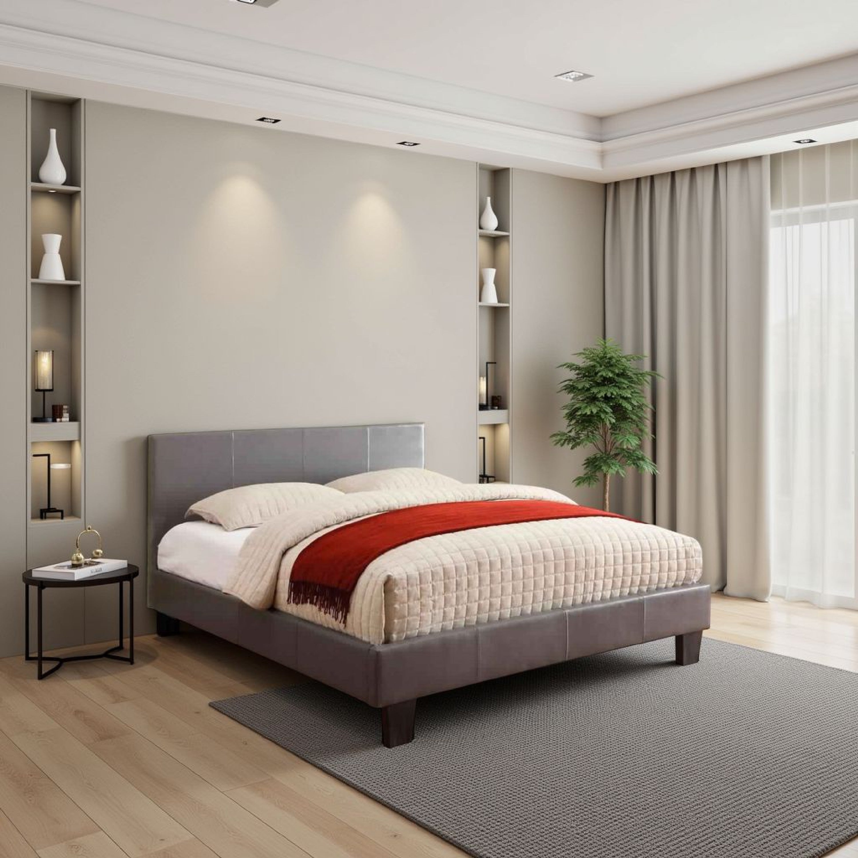 Benjara Leatherette Platform Style Queen Size Bed with Tapered Block Feet, Gray